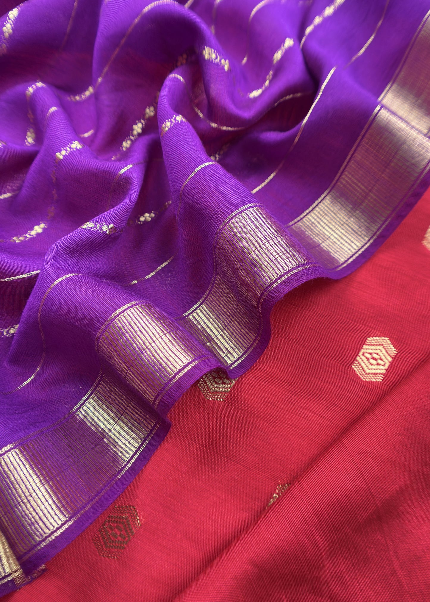 Pink and Purple Pure Assamese Silk Suit Fabric With Zari Weaving