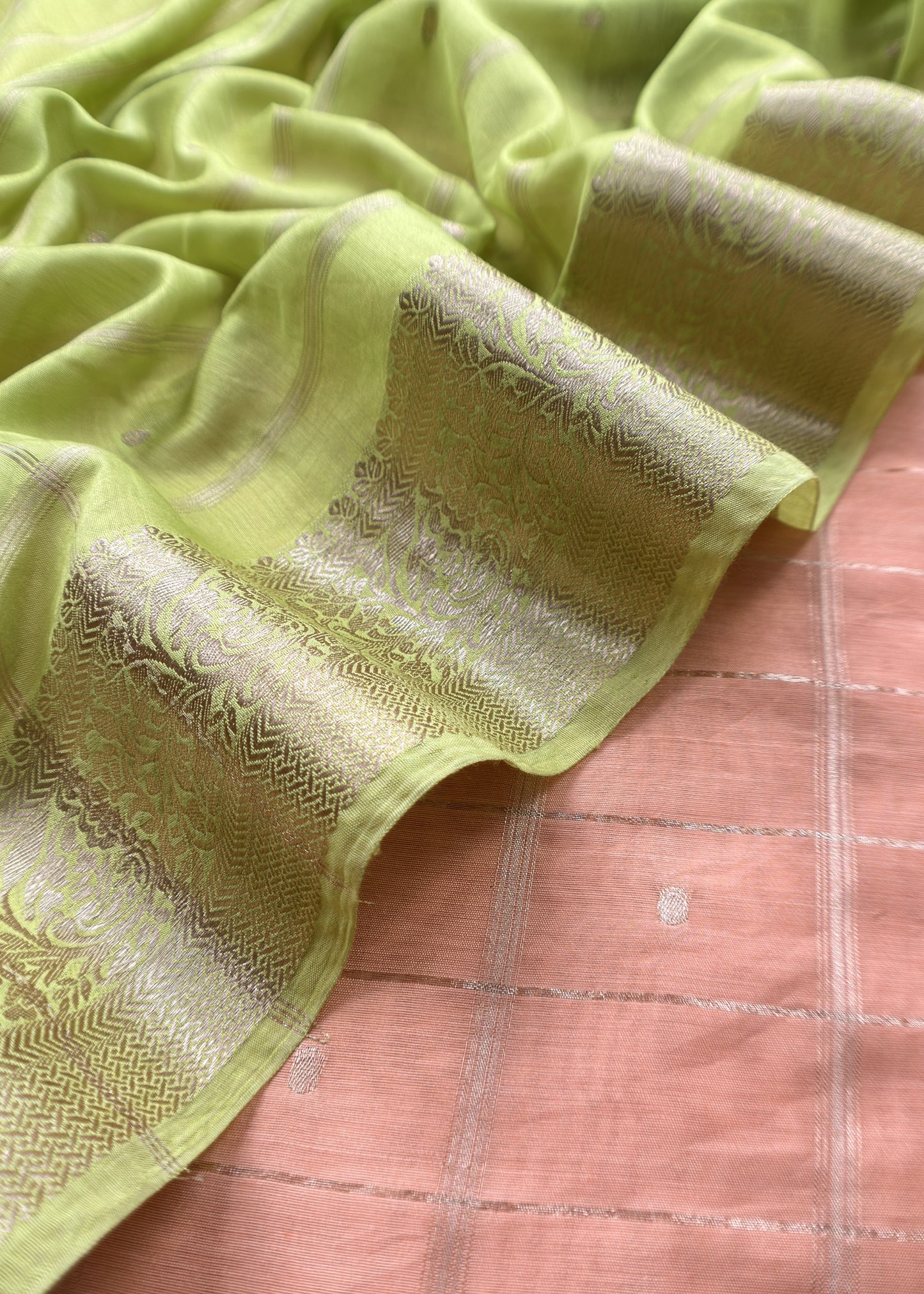 Peach and Lime Green Pure Assamese Silk Suit Fabric With Zari Weaving