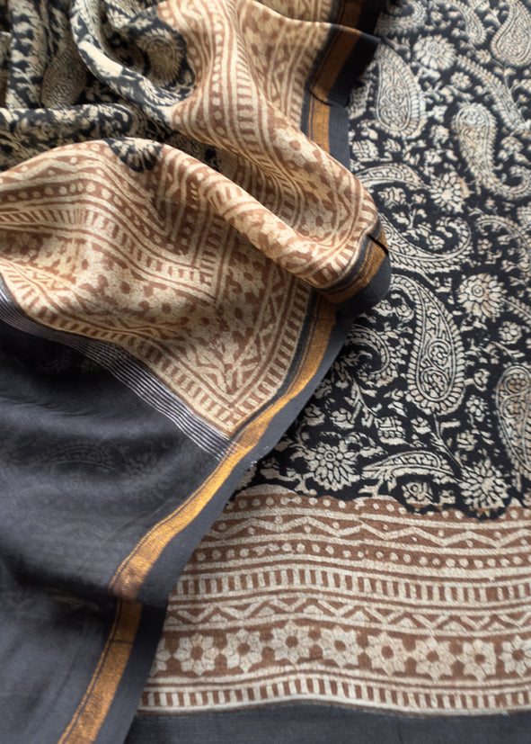 Black Paisley Block Print Pure Maheshwari Silk Unstitched Suit