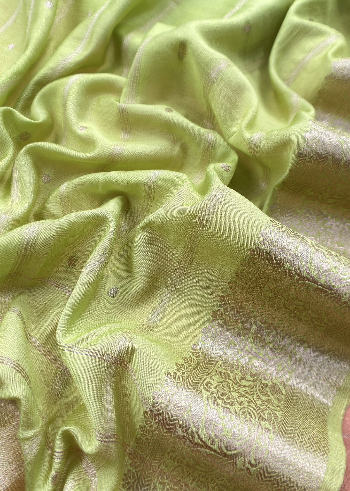 Peach and Lime Green Pure Assamese Silk Suit Fabric With Zari Weaving