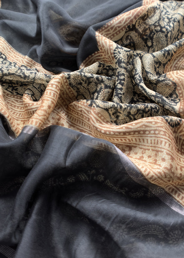 Black Paisley Block Print Pure Maheshwari Silk Unstitched Suit