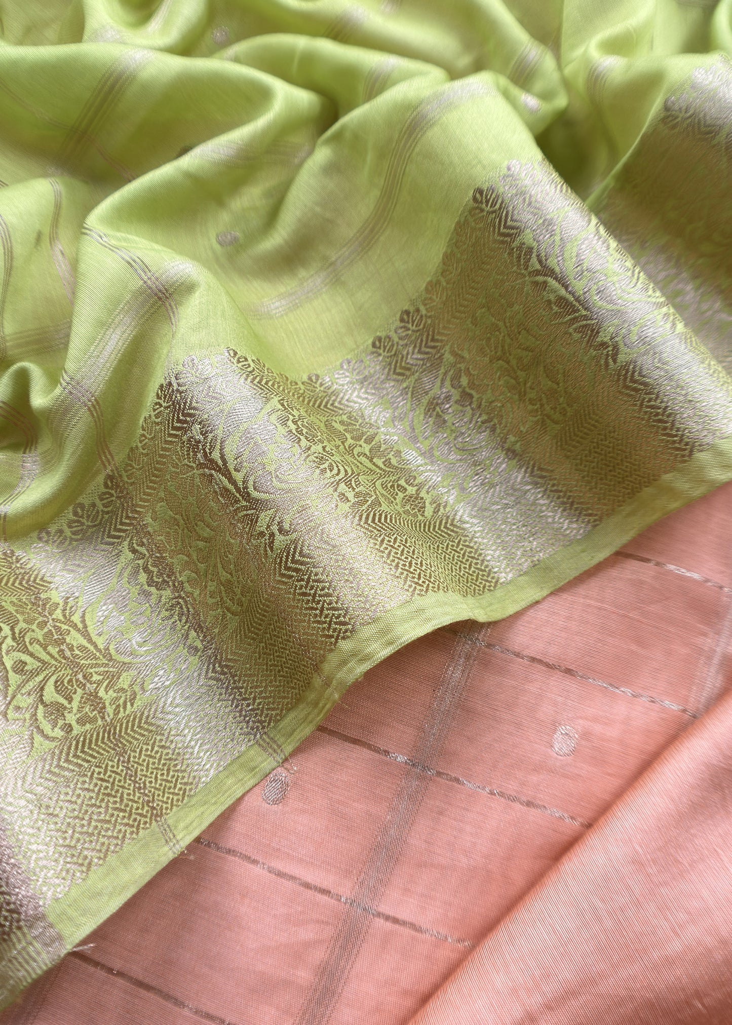 Peach and Lime Green Pure Assamese Silk Suit Fabric With Zari Weaving
