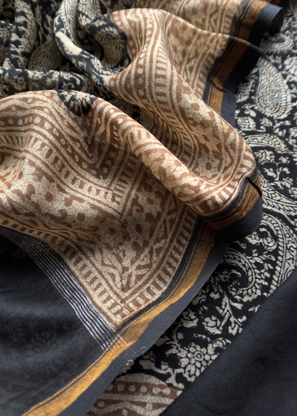 Black Paisley Block Print Pure Maheshwari Silk Unstitched Suit