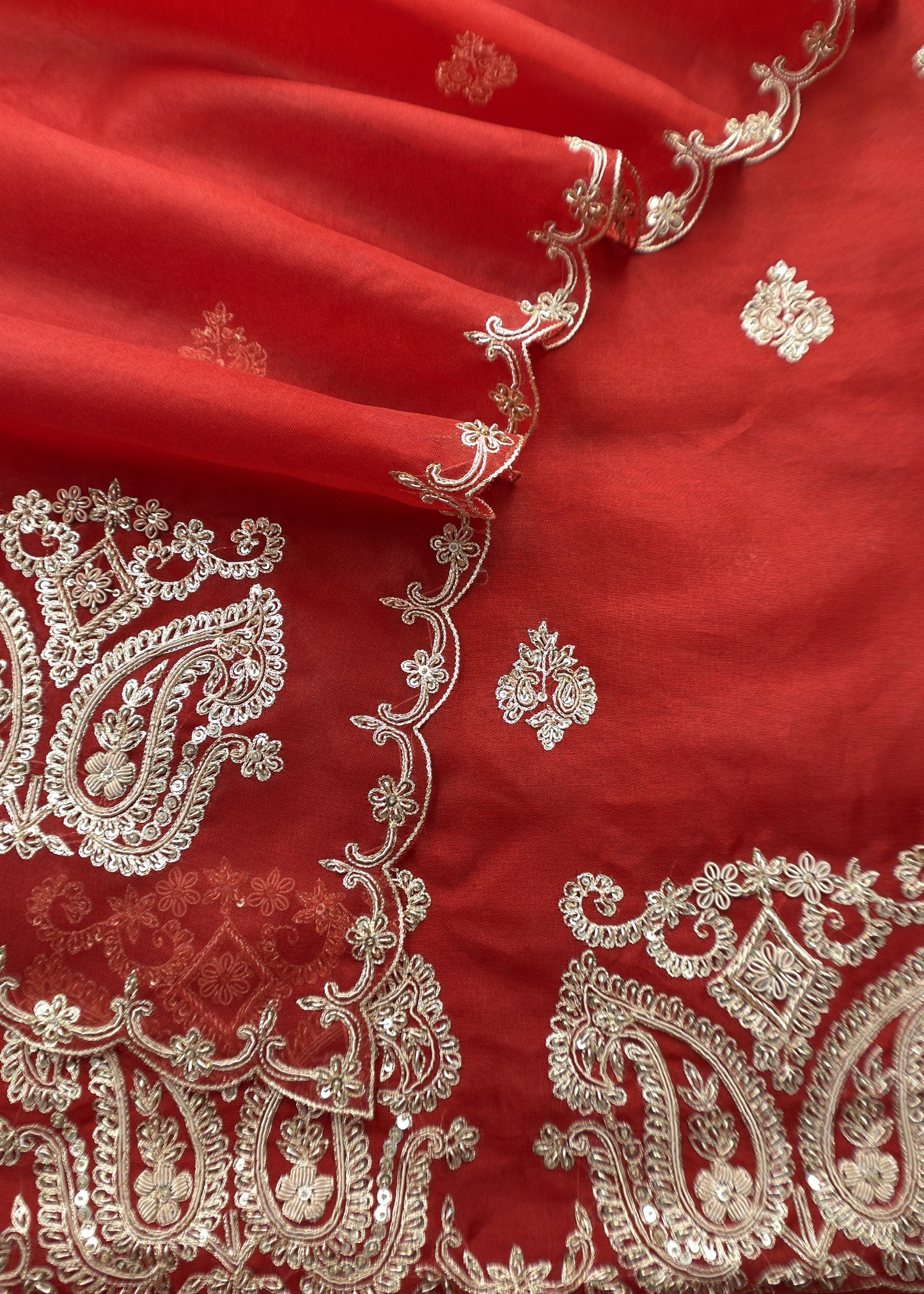 Orange Kora Silk Suit Fabric With Dori And Dabka Embroidery