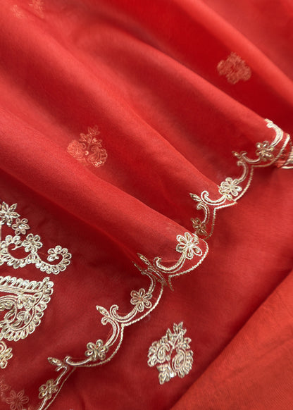 Orange Kora Silk Suit Fabric With Dori And Dabka Embroidery