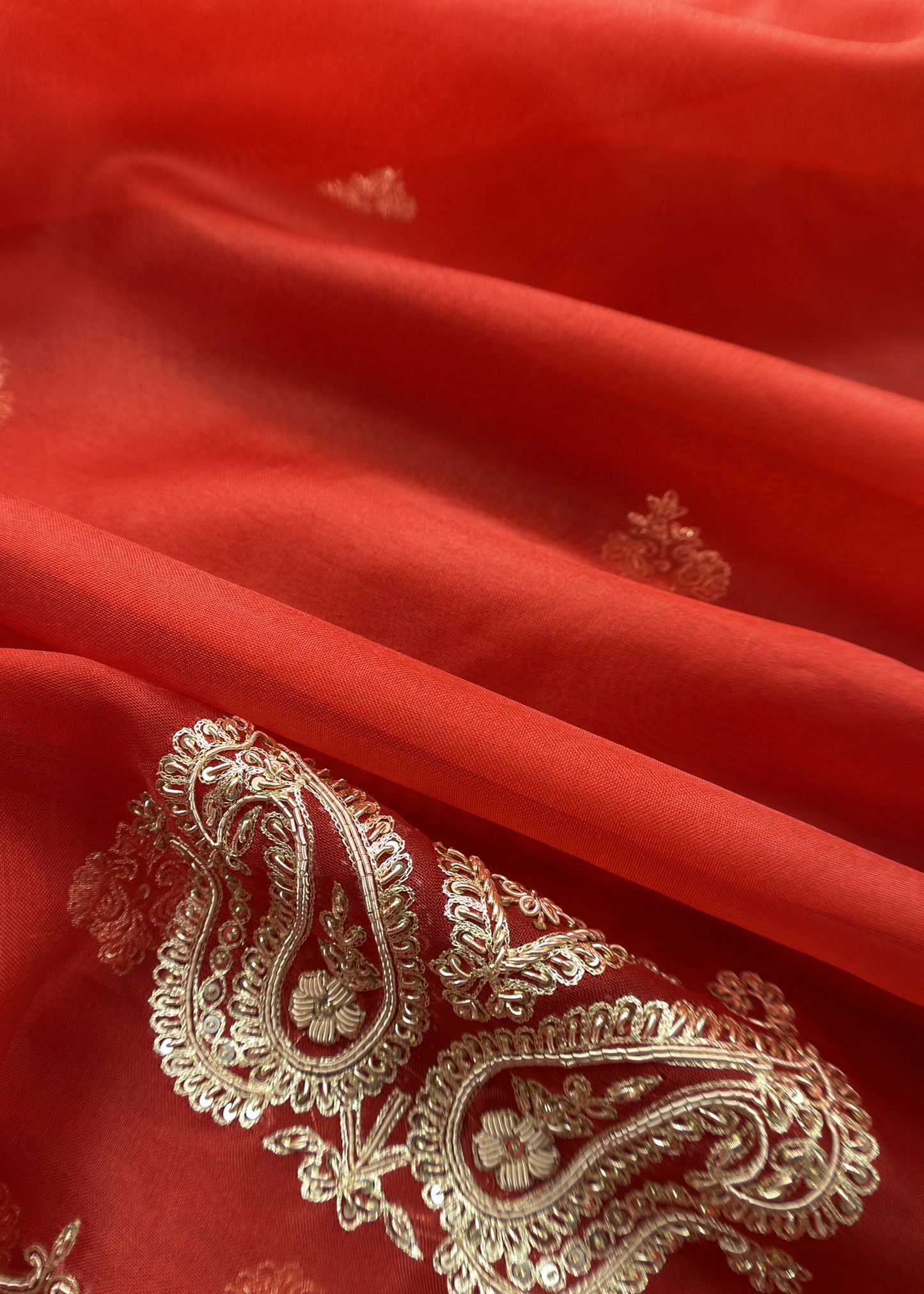 Orange Kora Silk Suit Fabric With Dori And Dabka Embroidery