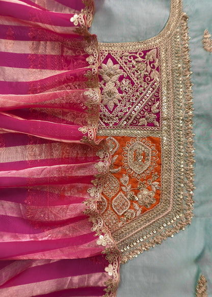 Pearl Blue Handloom Silk Suit with Tissue Silk Dupatta with Dori, Dabka, Zardosi Handwork
