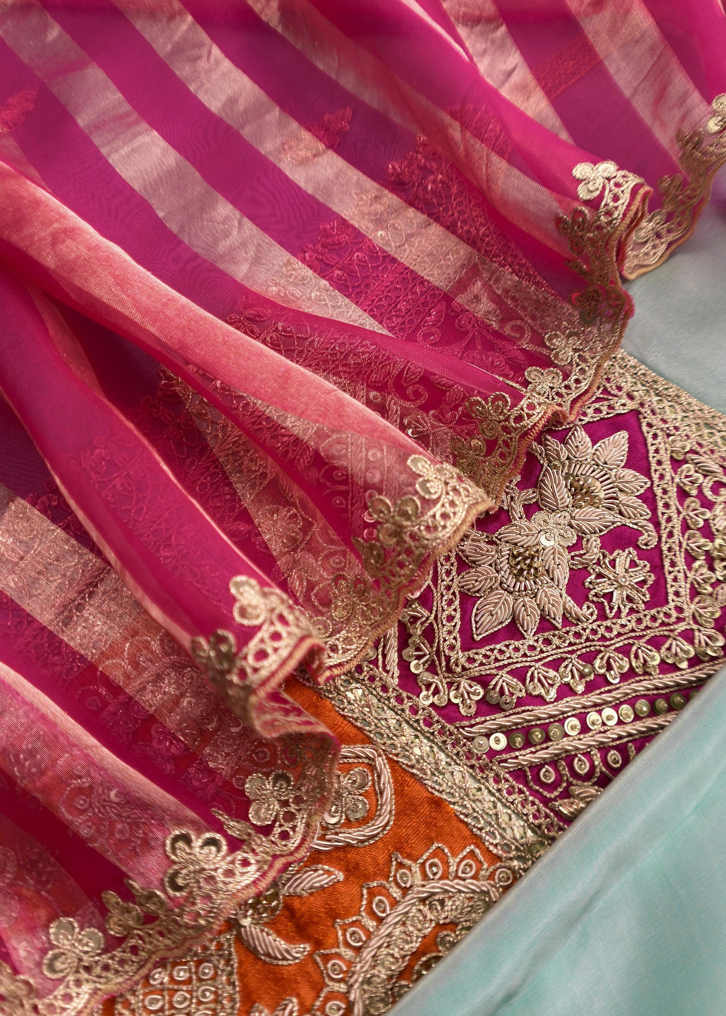 Pearl Blue Handloom Silk Suit with Tissue Silk Dupatta with Dori, Dabka, Zardosi Handwork