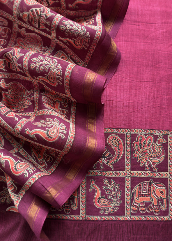 Pink Pure Maheshwari Silk Unstitched Suit Fabric With Shikagarh Print