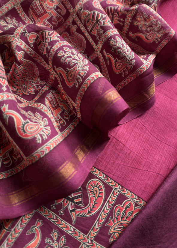 Pink Pure Maheshwari Silk Unstitched Suit Fabric With Shikagarh Print