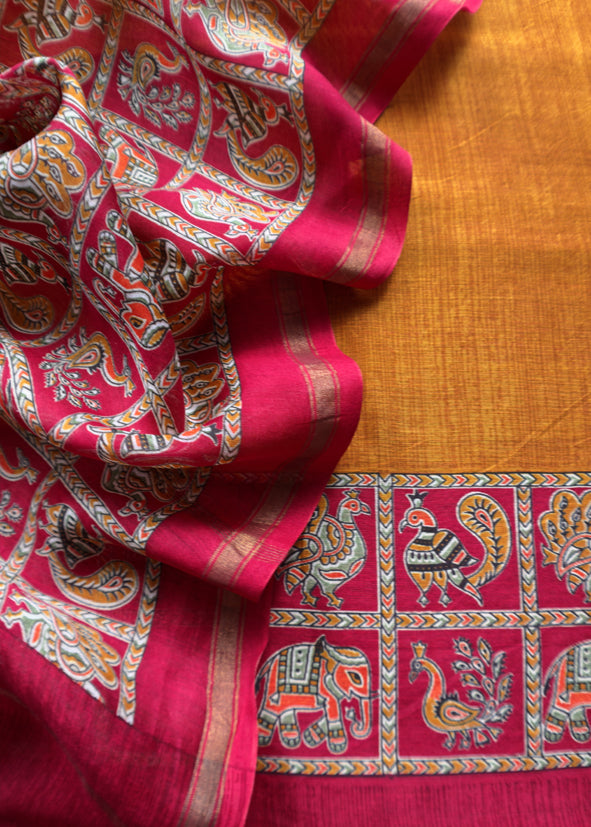 Orange Pure Maheshwari Silk Unstitched Suit Fabric With Shikagarh Print