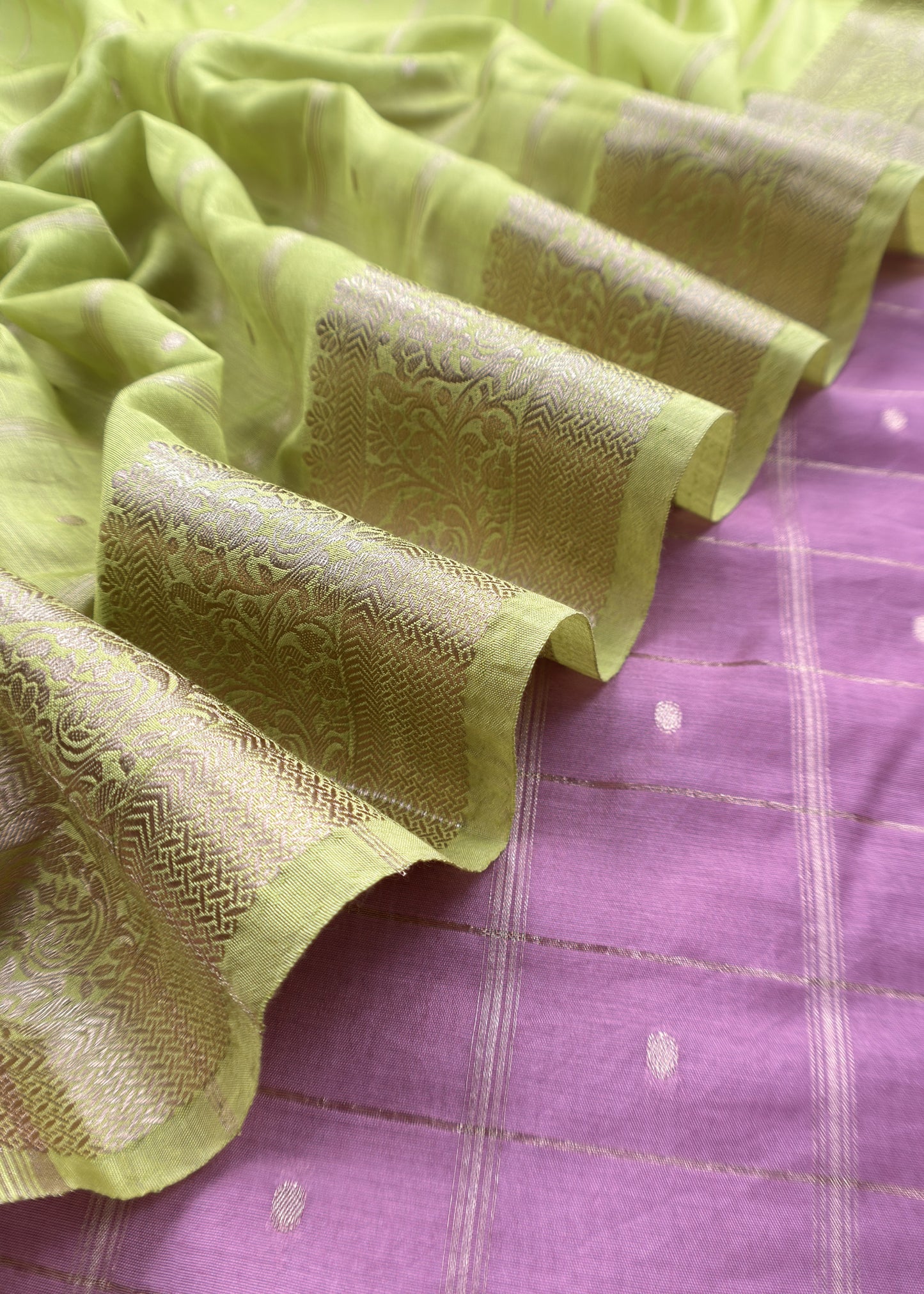 Purple and Lime Green Pure Assamese Silk Suit Fabric Zith Zari Weaving