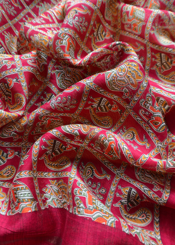 Orange Pure Maheshwari Silk Unstitched Suit Fabric With Shikagarh Print