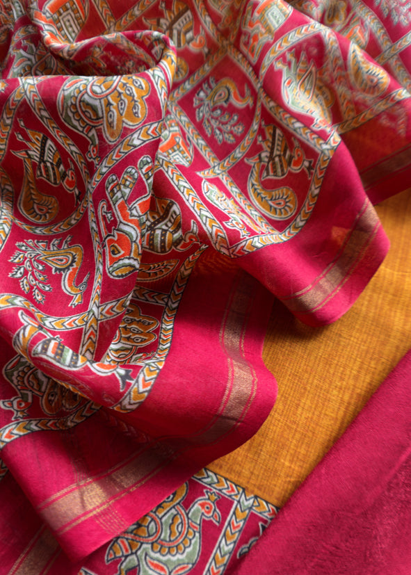 Orange Pure Maheshwari Silk Unstitched Suit Fabric With Shikagarh Print