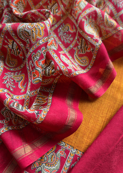 Orange Pure Maheshwari Silk Unstitched Suit Fabric With Shikagarh Print