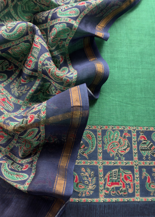 Green Pure Maheshwari Silk Unstitched Suit Fabric With Shikagarh Print