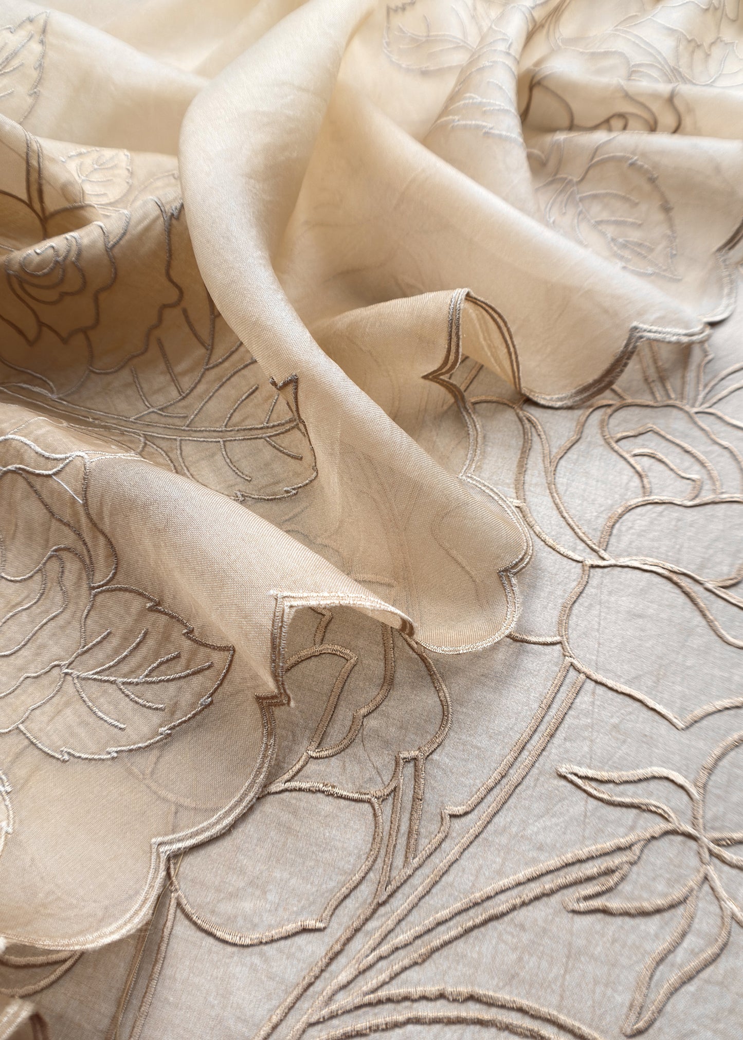 Beige French Roses Pure Silk Kurta And Kora Silk Dupatta With Appliqué Work