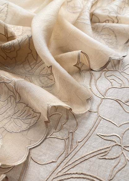 Beige French Roses Pure Silk Kurta And Kora Silk Dupatta With Appliqué Work
