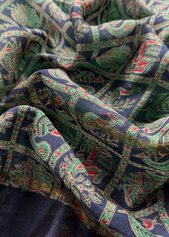 Green Pure Maheshwari Silk Unstitched Suit Fabric With Shikagarh Print