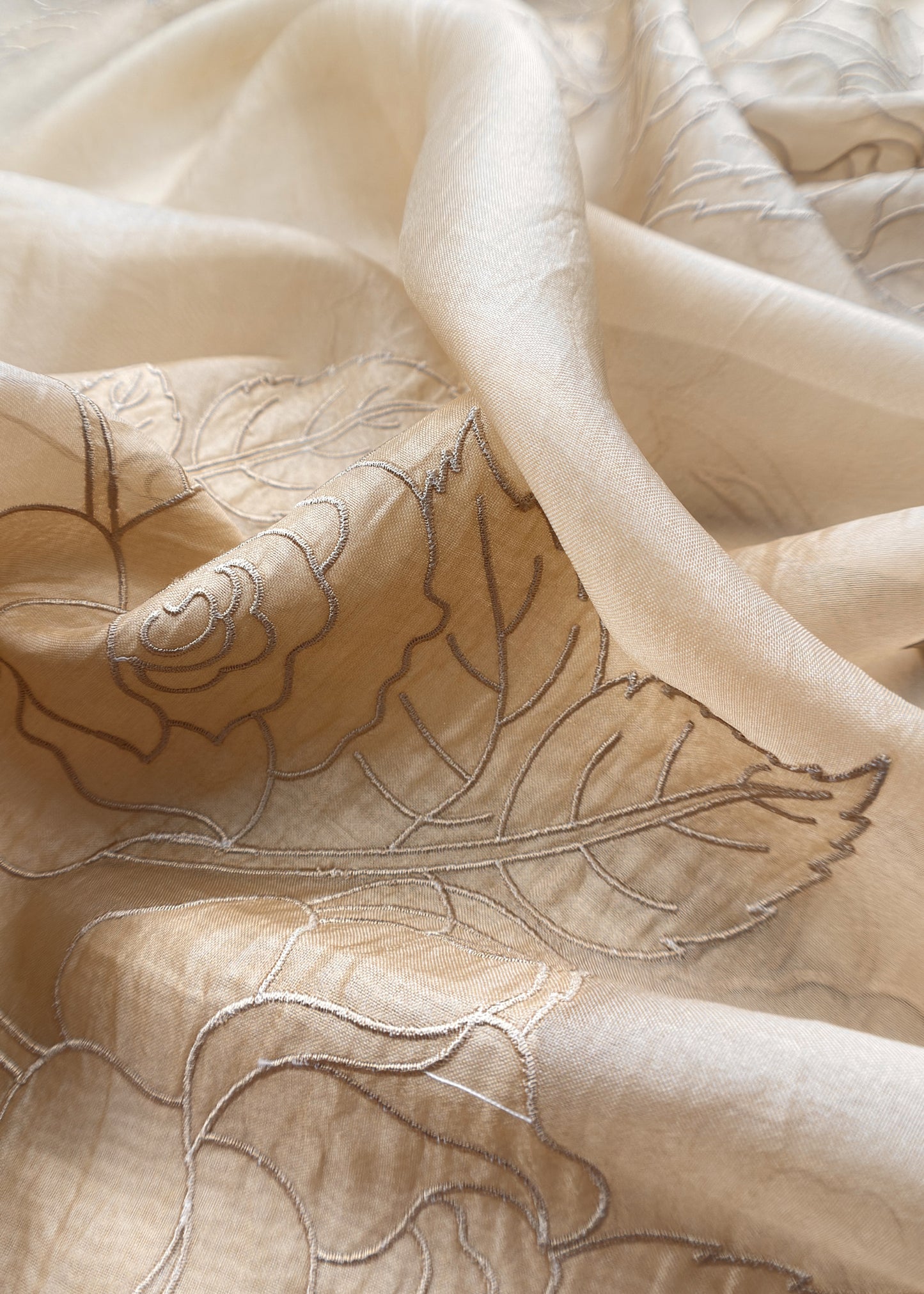 Beige French Roses Pure Silk Kurta And Kora Silk Dupatta With Appliqué Work