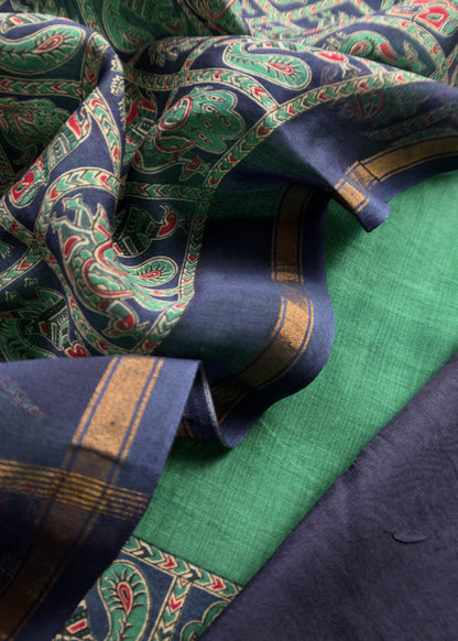 Green Pure Maheshwari Silk Unstitched Suit Fabric With Shikagarh Print