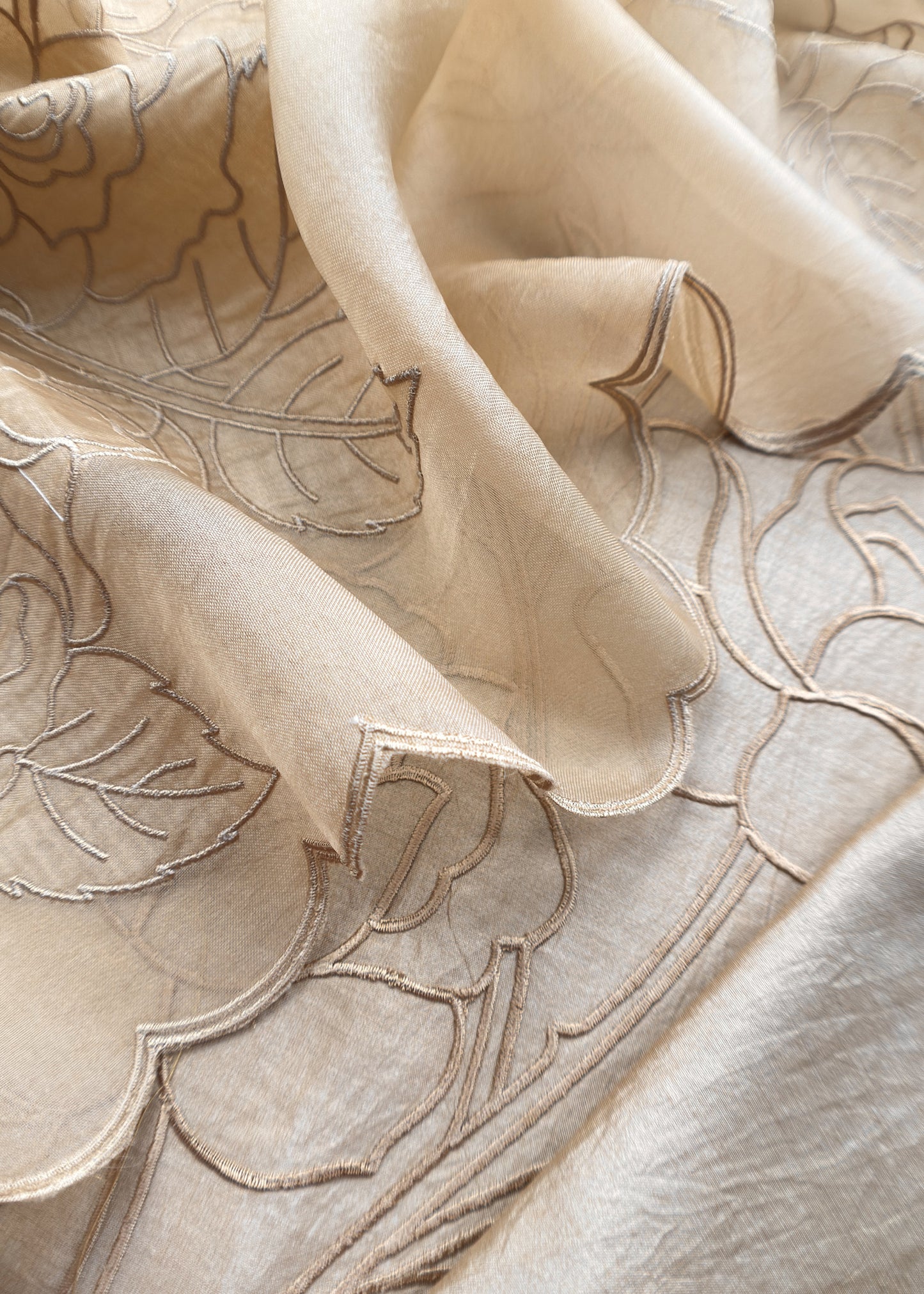 Beige French Roses Pure Silk Kurta And Kora Silk Dupatta With Appliqué Work