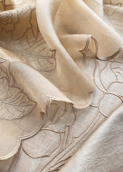 Beige French Roses Pure Silk Kurta And Kora Silk Dupatta With Appliqué Work