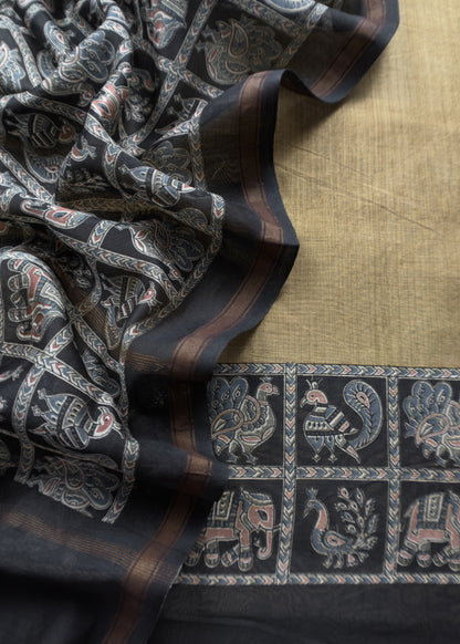 Beige Pure Maheshwari Silk Unstitched Suit Fabric With Shikagarh Print