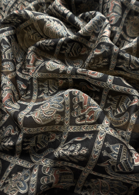 Beige Pure Maheshwari Silk Unstitched Suit Fabric With Shikagarh Print