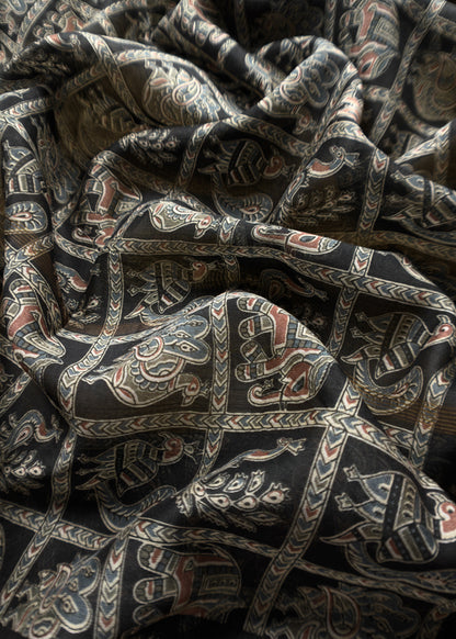 Beige Pure Maheshwari Silk Unstitched Suit Fabric With Shikagarh Print