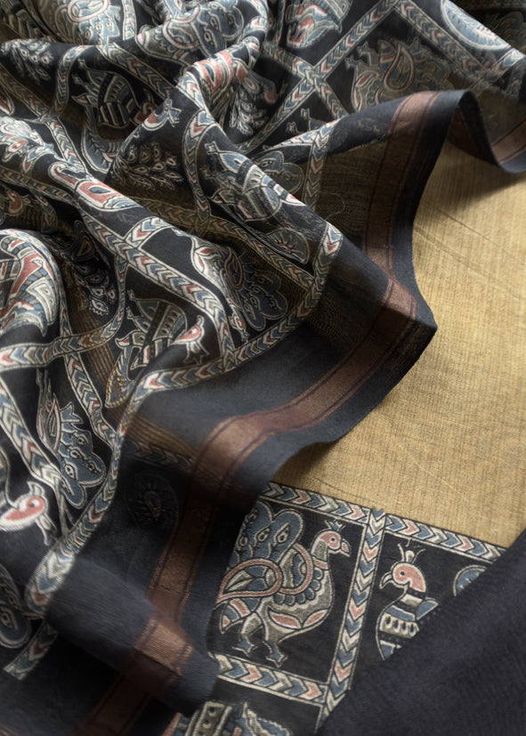 Beige Pure Maheshwari Silk Unstitched Suit Fabric With Shikagarh Print