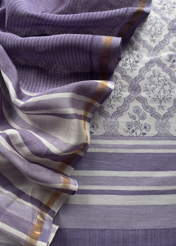 Purple Block Print Maheshwari Silk Unstitched Suit With Dupatta