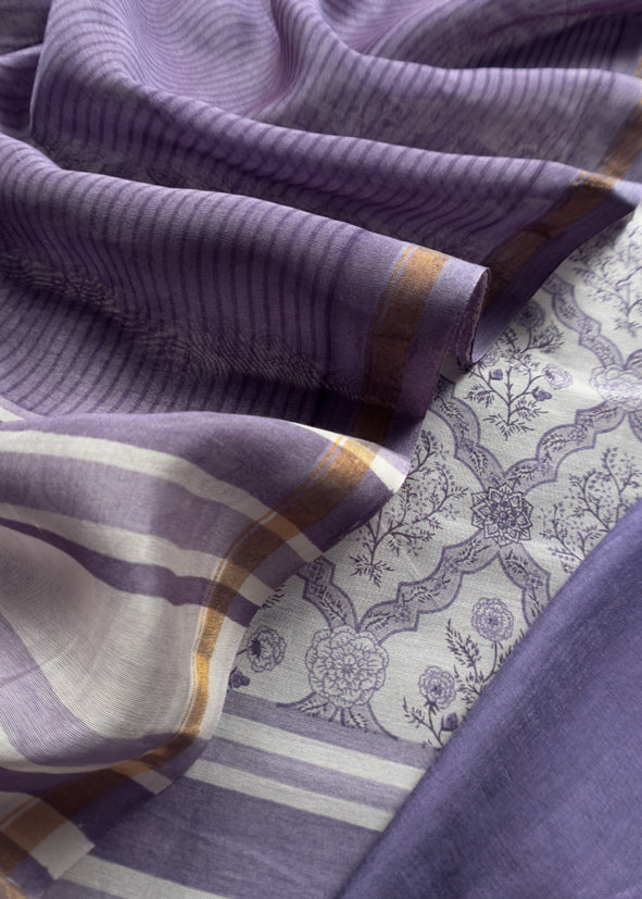 Purple Block Print Maheshwari Silk Unstitched Suit With Dupatta