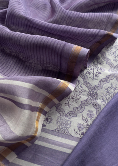 Purple Block Print Maheshwari Silk Unstitched Suit With Dupatta