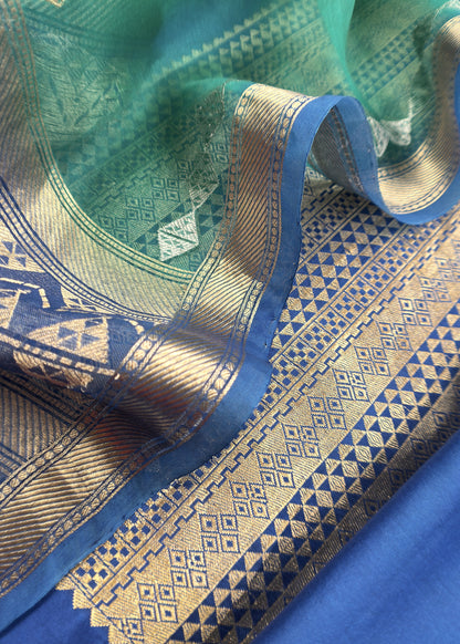 Azure Blue Handloom Banarasi Silk Kurta and Kora silk dupatta with Kadwa weaving
