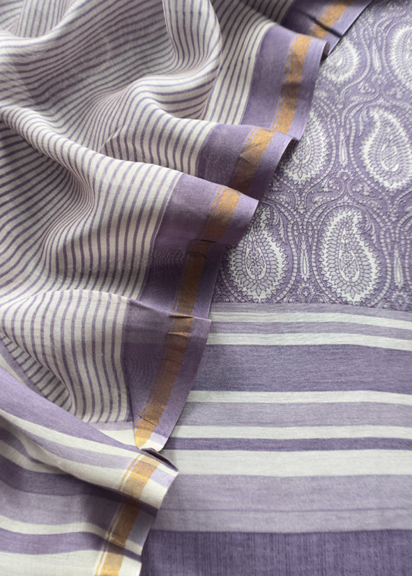 Purple Paisley Block Print Pure Maheshwari Silk Unstitched Suit