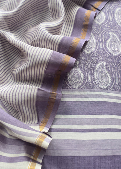 Purple Paisley Block Print Pure Maheshwari Silk Unstitched Suit