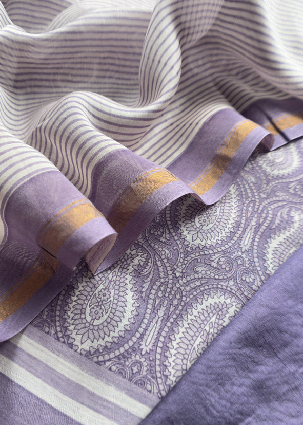 Purple Paisley Block Print Pure Maheshwari Silk Unstitched Suit