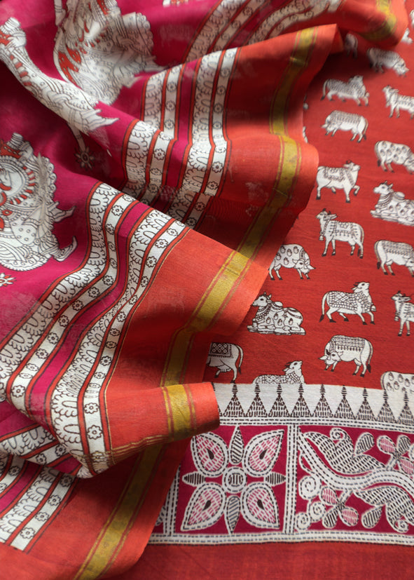 Red pichwai Maheshwari Silk Unstitched Suit With Natraj Kalamkari Dupatta