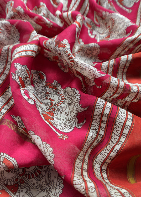 Red pichwai Maheshwari Silk Unstitched Suit With Natraj Kalamkari Dupatta