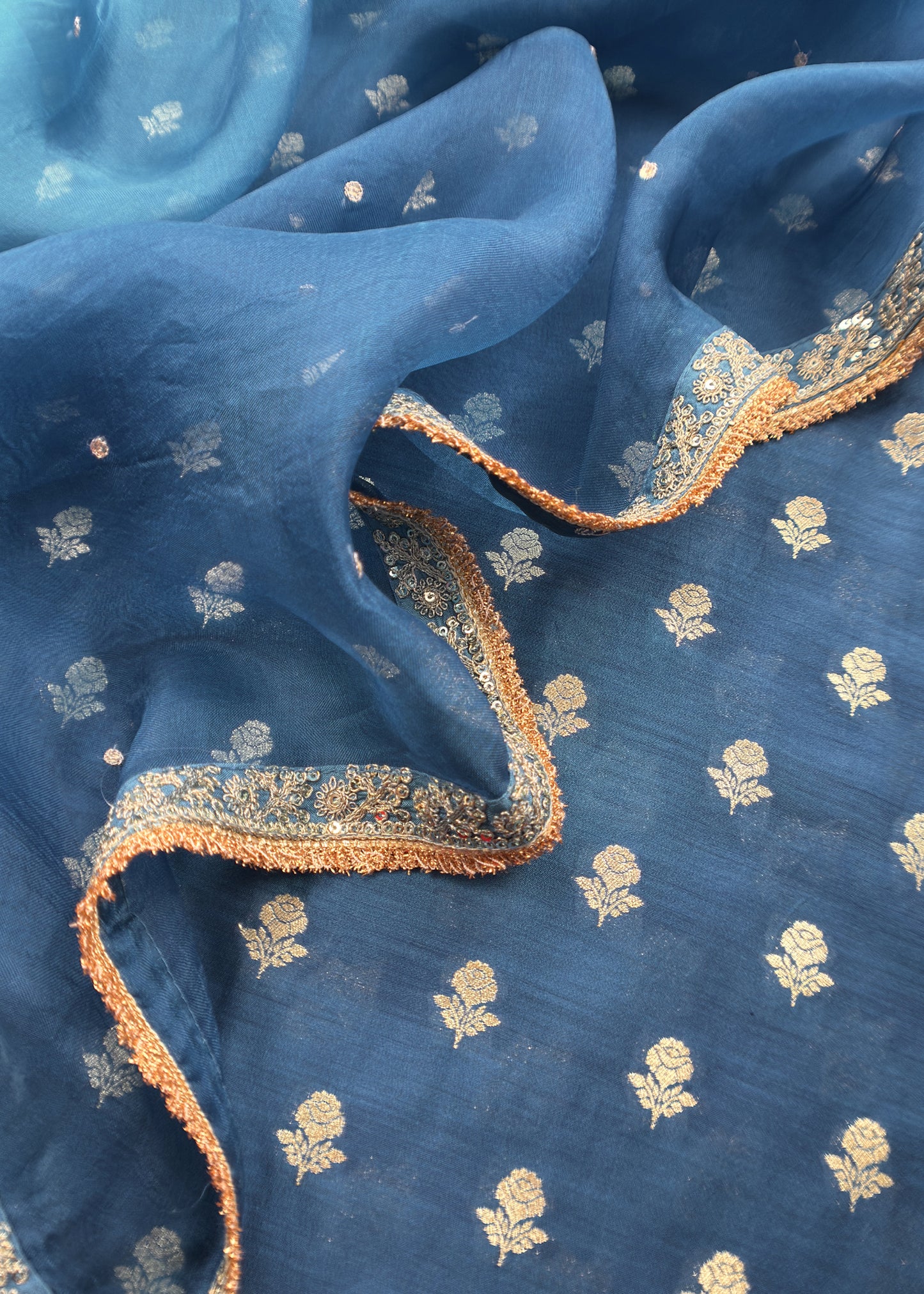 Zephyr Blue Pure Varanasi Silk Woven Kurta And Kora Silk Dupatta