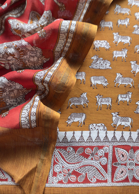 Yellow pichwai Maheshwari Silk Unstitched Suit With Natraj Kalamkari Dupatta