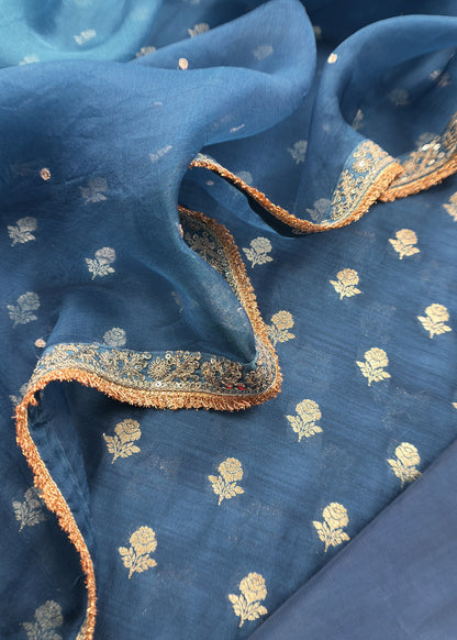 Zephyr Blue Pure Varanasi Silk Woven Kurta And Kora Silk Dupatta