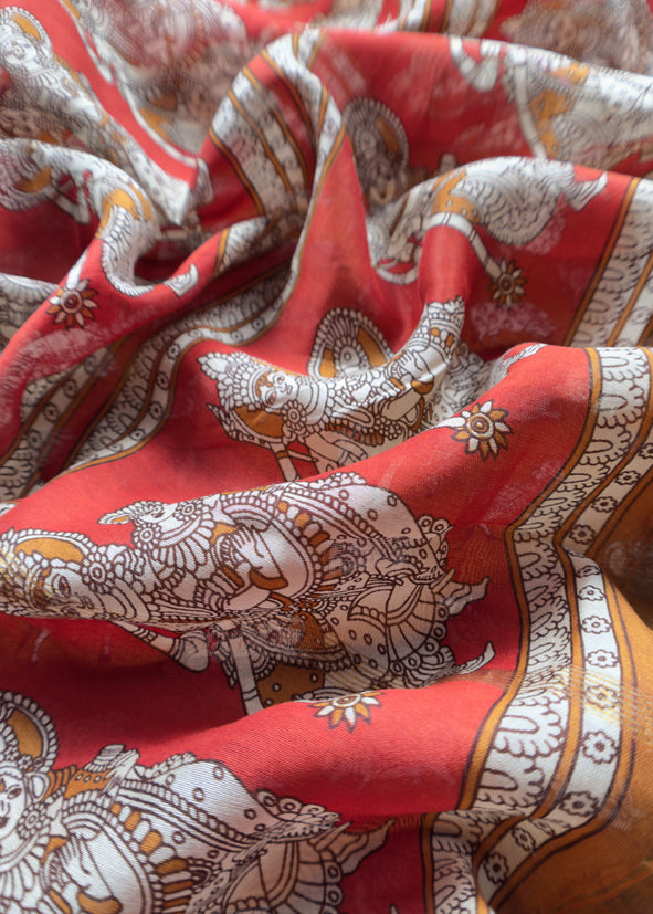 Yellow pichwai Maheshwari Silk Unstitched Suit With Natraj Kalamkari Dupatta