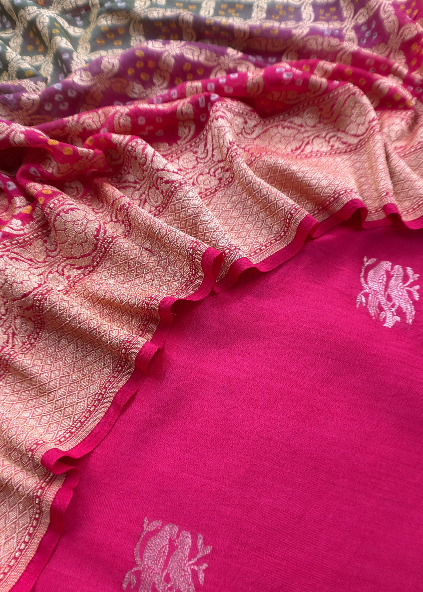 Deep Pink Handloom Silk Kurta And Bandhani Khaddi Georgette Dupatta