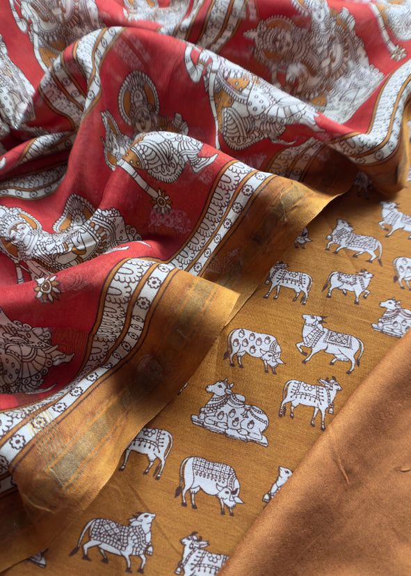 Yellow pichwai Maheshwari Silk Unstitched Suit With Natraj Kalamkari Dupatta