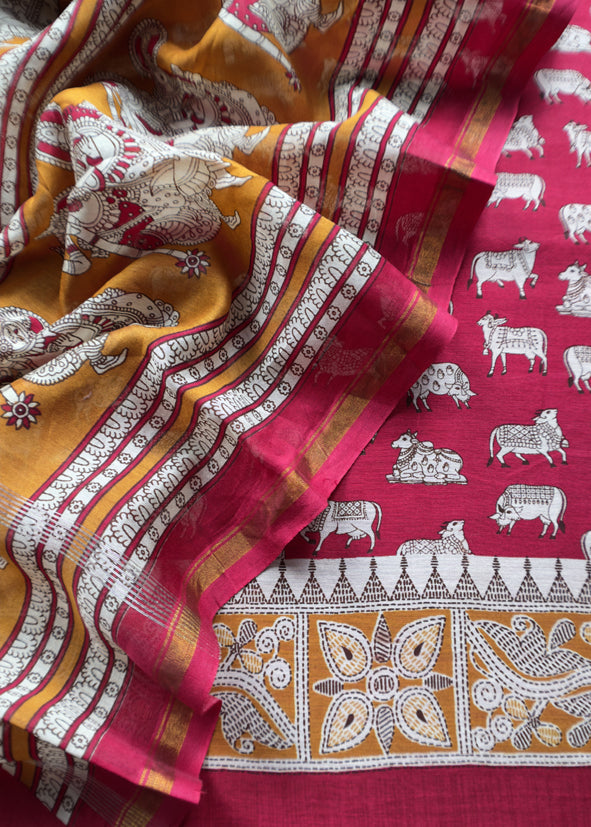 Red Pichwai Maheshwari Silk Unstitched Suit With Natraj Kalamkari Dupatta