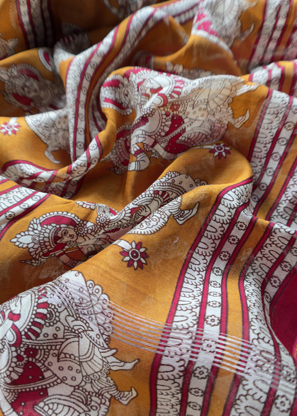 Red Pichwai Maheshwari Silk Unstitched Suit With Natraj Kalamkari Dupatta