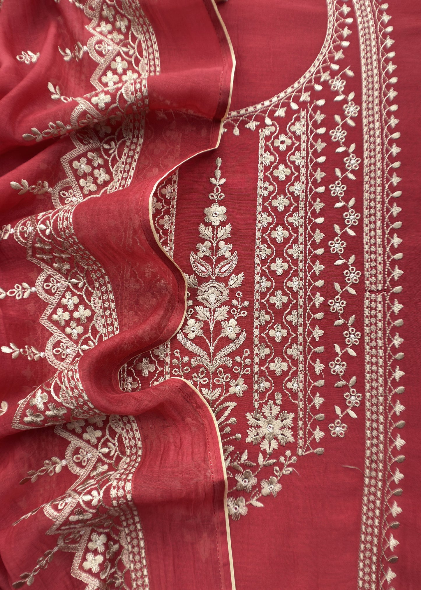 Brick Red Pure Mulmul Lakhnavi Chikan Embroided Suit Fabric