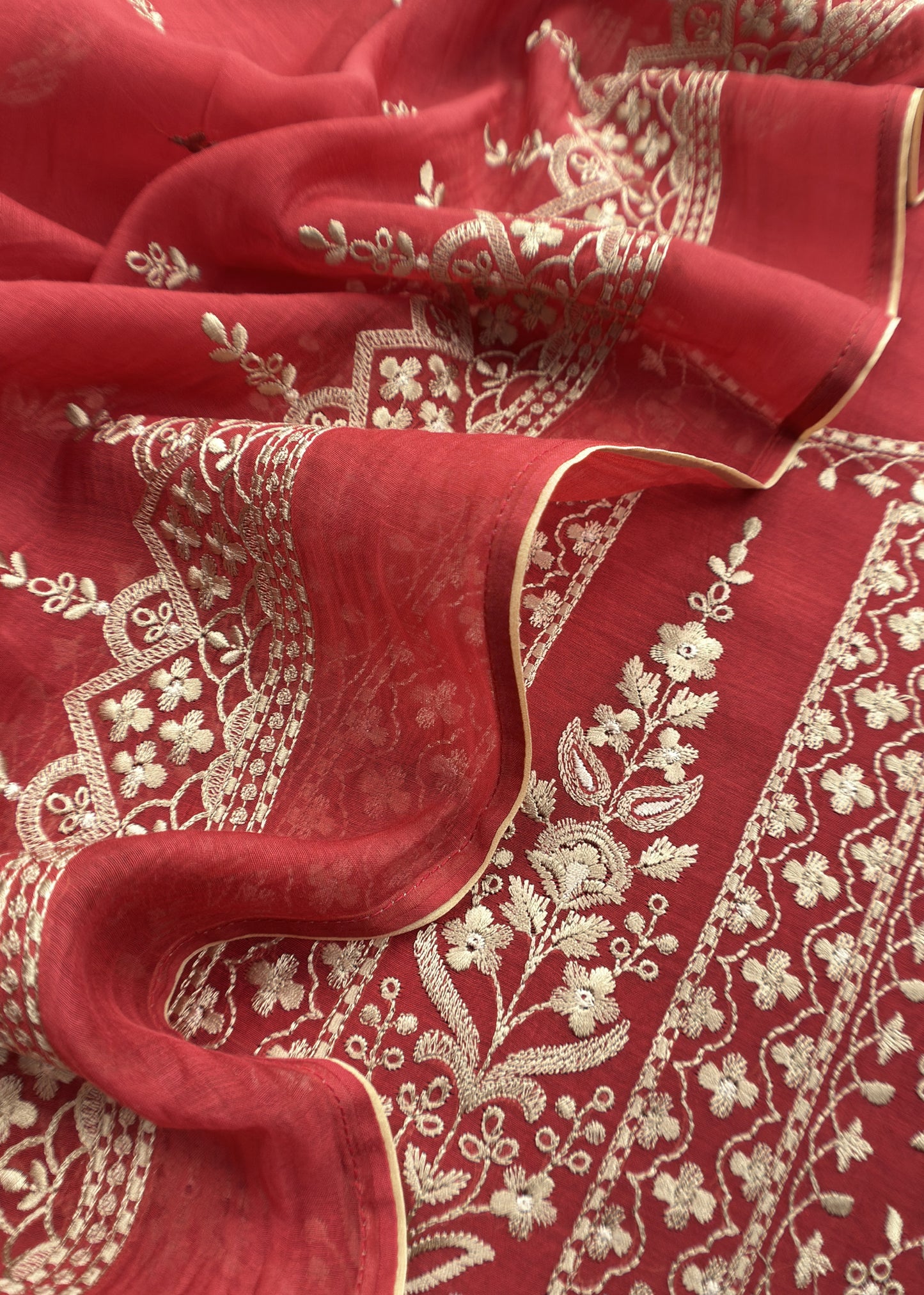 Brick Red Pure Mulmul Lakhnavi Chikan Embroided Suit Fabric